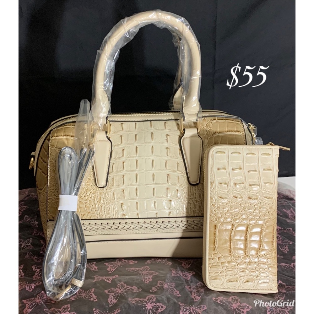 Large beige bag with wallet and shoulder strap